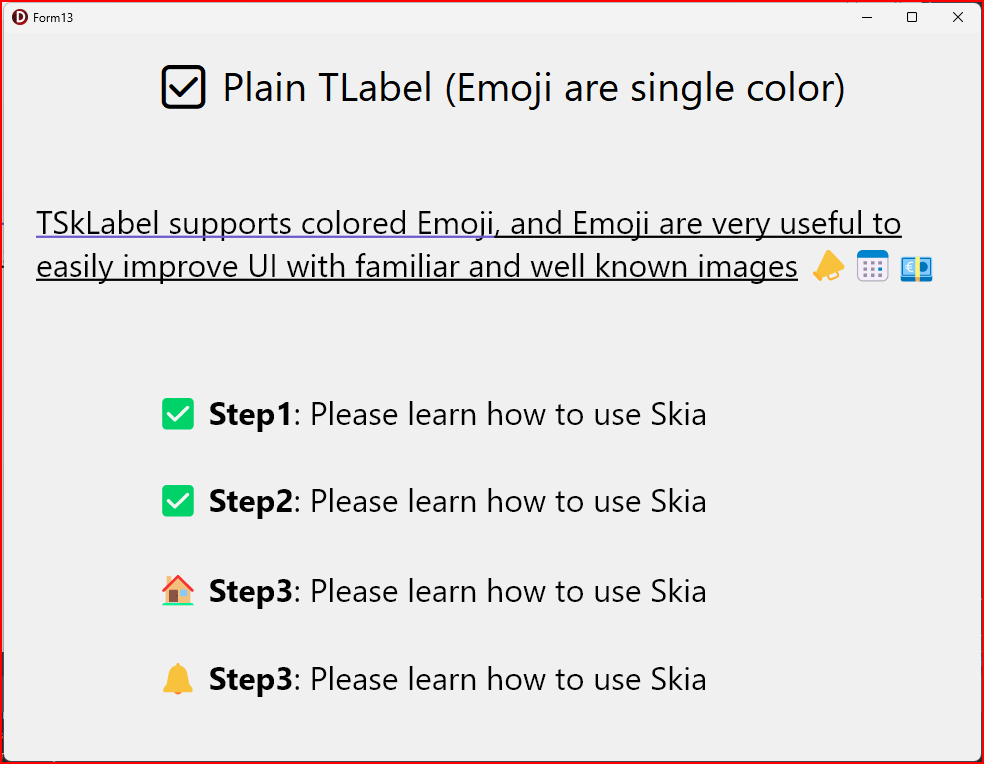 VCL application useing emoji and TSkLabel