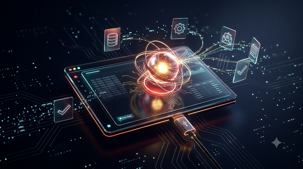 Corso MCP e Agentic AI con Delphi: un gestionale Delphi rappresentato come pannello olografico scuro con griglie dati, collegato tramite un connettore USB-C (metafora del protocollo MCP) a un core AI luminoso circondato da tool orbitanti come database, ingranaggio, email, calendario e conferma.