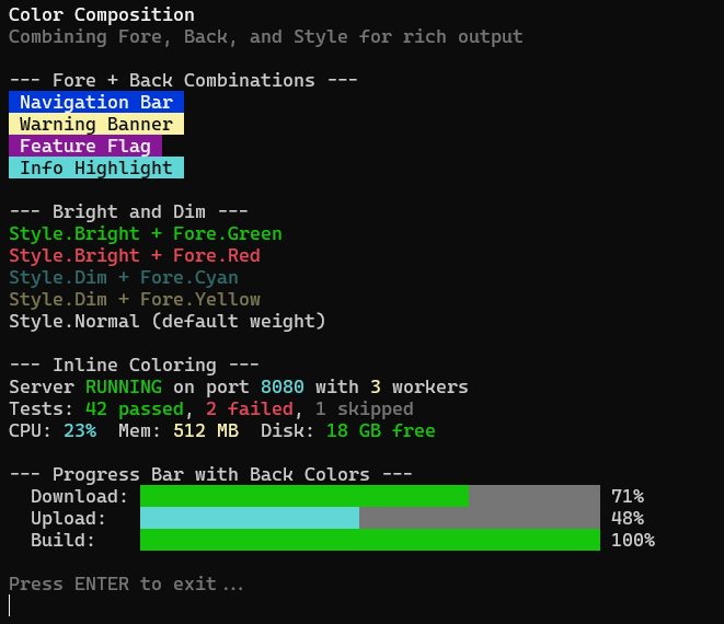 Composizione di colori foreground, background e stili