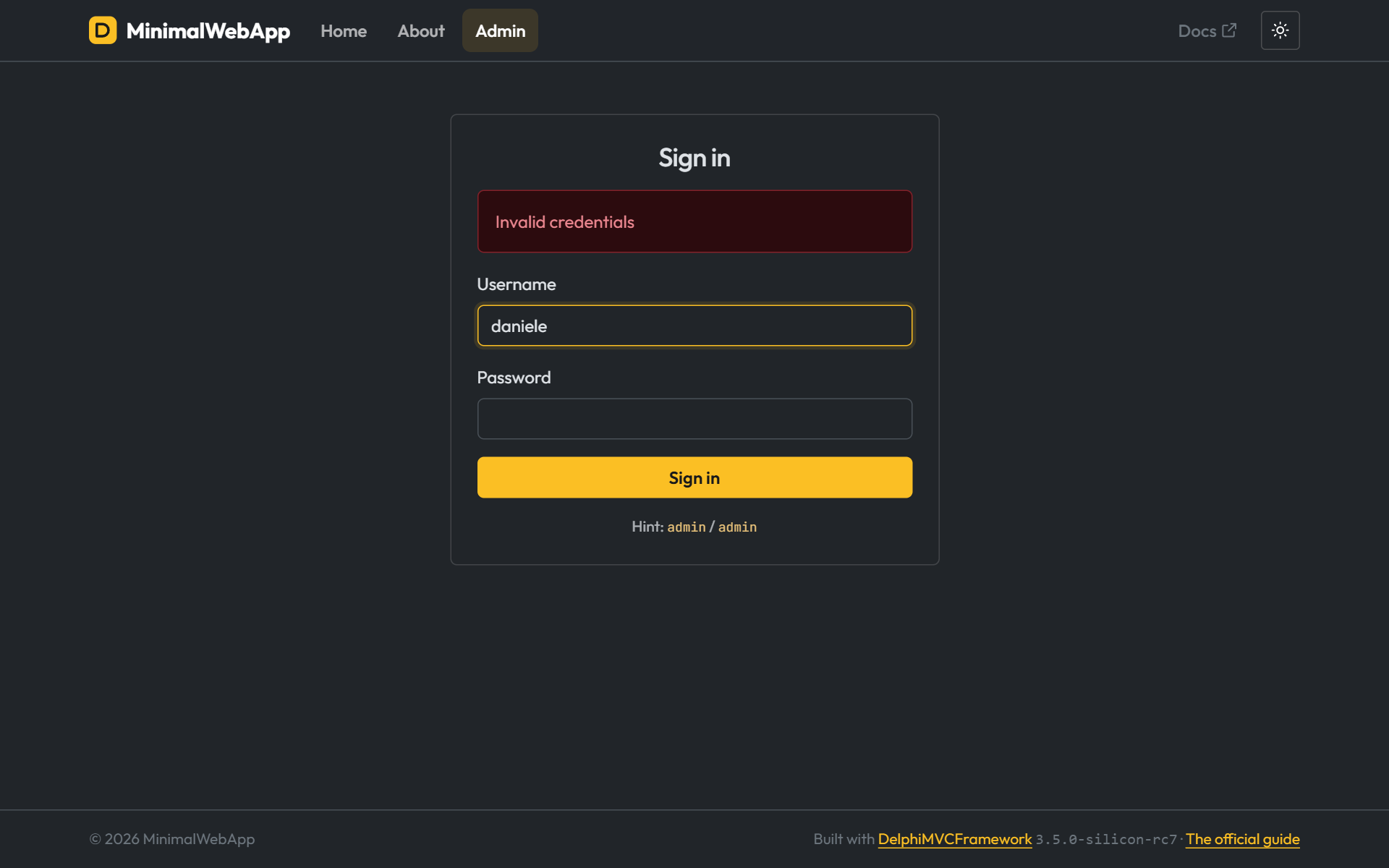 A página de login de uma Minimal API WebApp depois de credenciais erradas