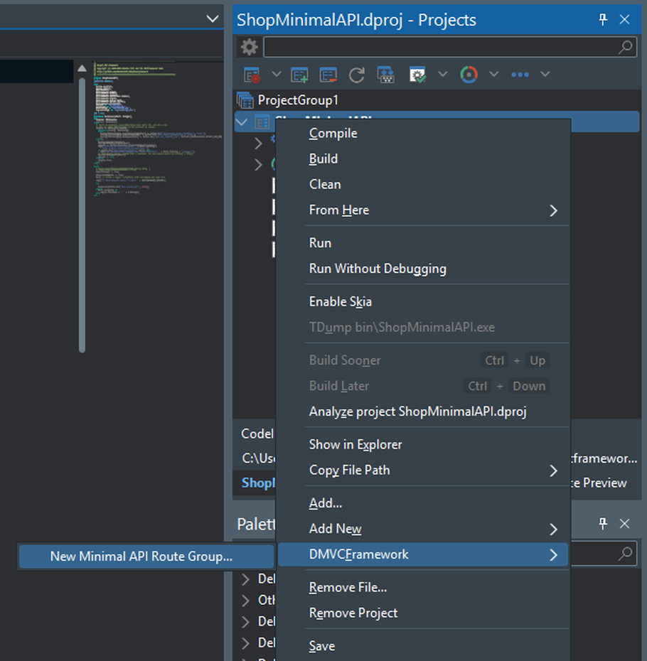 O menu DMVCFramework em um projeto Minimal API, com o item New Minimal API Route Group