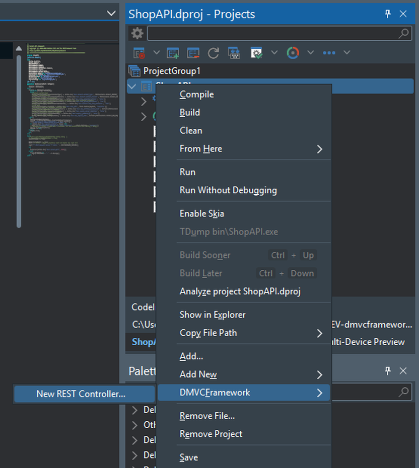 O menu DMVCFramework no Project Manager do Delphi 13, com o item New REST Controller