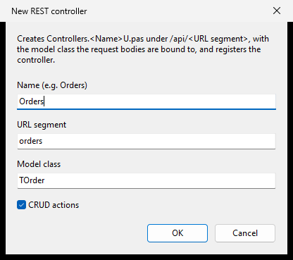 A janela New REST controller com Name Orders, URL segment orders e Model class TOrder