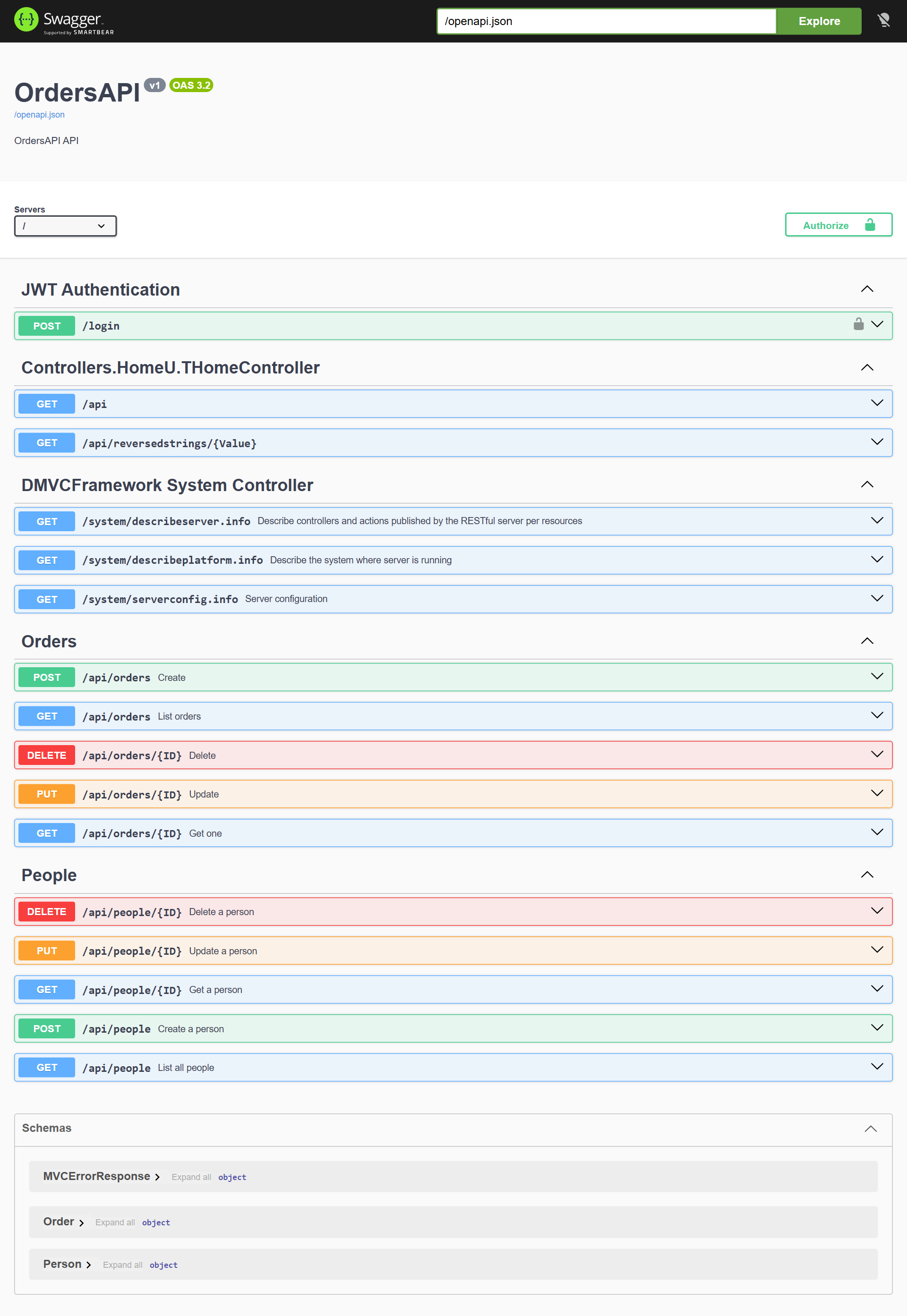 Swagger UI mostrando o documento OpenAPI 3 de um projeto DelphiMVCFramework baseado em controllers