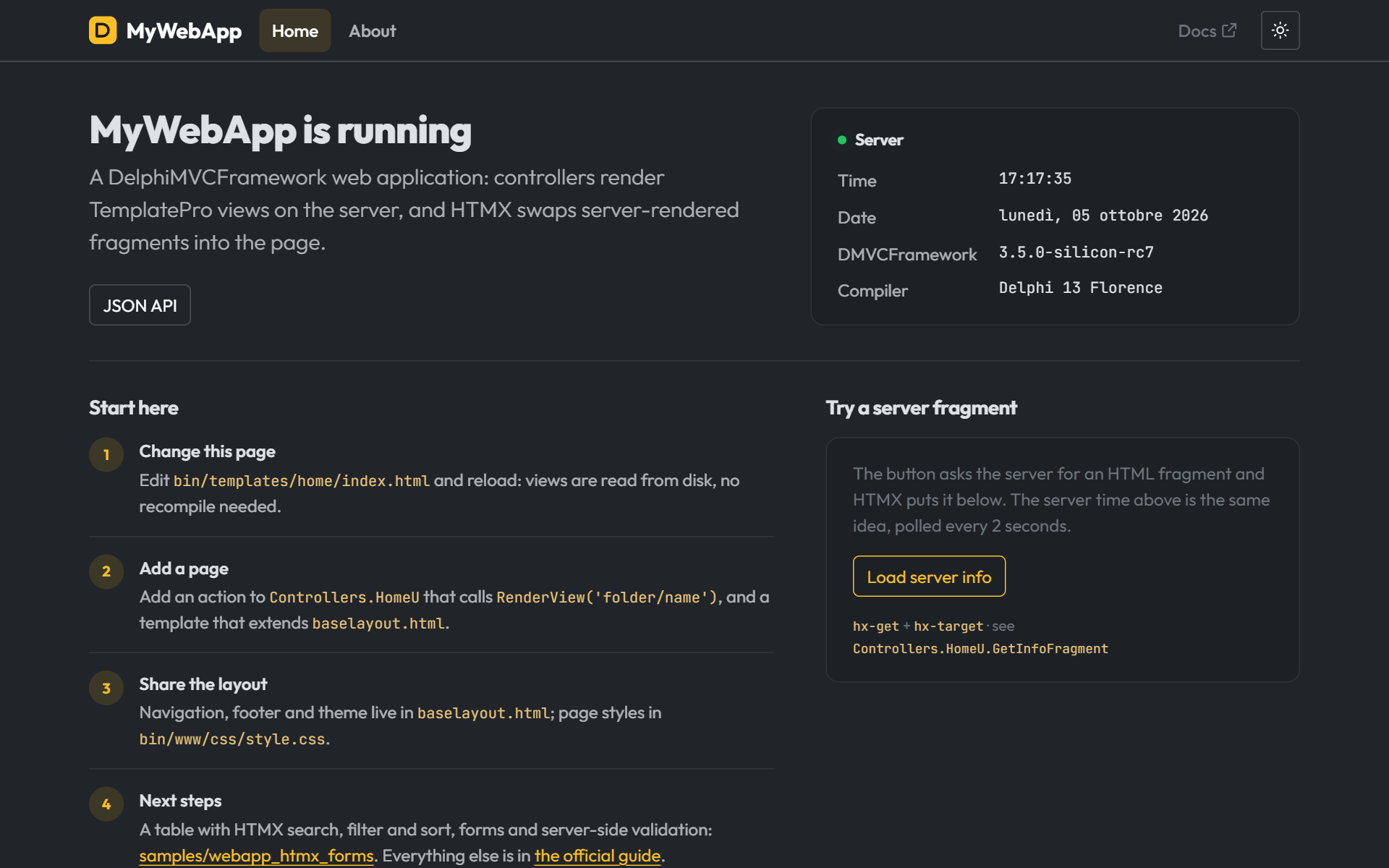 A home page de uma web application DelphiMVCFramework gerada pelo wizard, tema escuro
