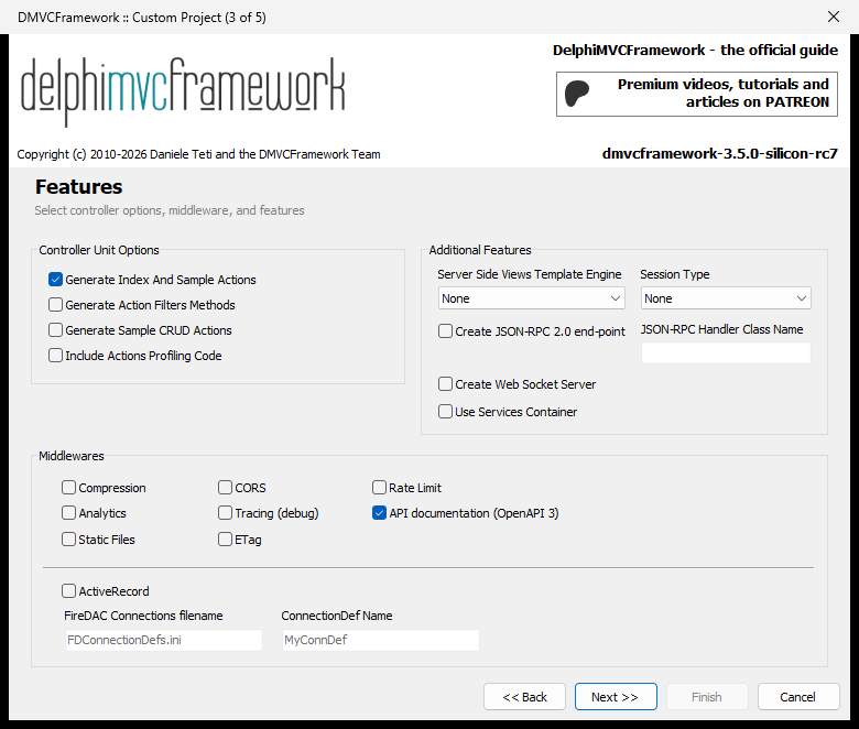 A página Features do wizard DelphiMVCFramework com a opção API documentation (OpenAPI 3)