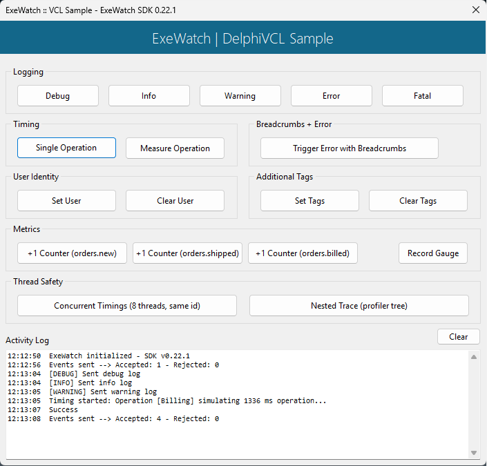 Esempio ExeWatch Delphi VCL: un pulsante per ogni funzionalità dell'SDK (logging, timing, breadcrumb, identità utente, tag, metriche, nested trace) e un activity log in tempo reale