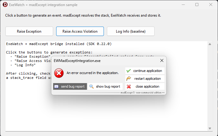 On the end user's PC: madExcept's dialog after an access violation, with send bug report, continue, restart, close buttons.