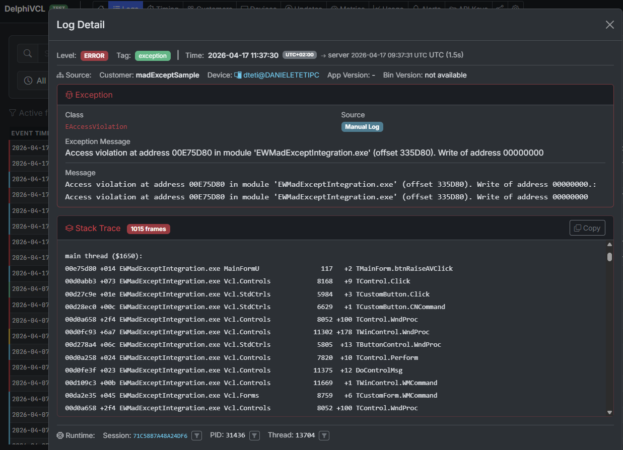 In the ExeWatch dashboard: the same access violation with madExcept's resolved stack trace, unit names and line numbers readable.