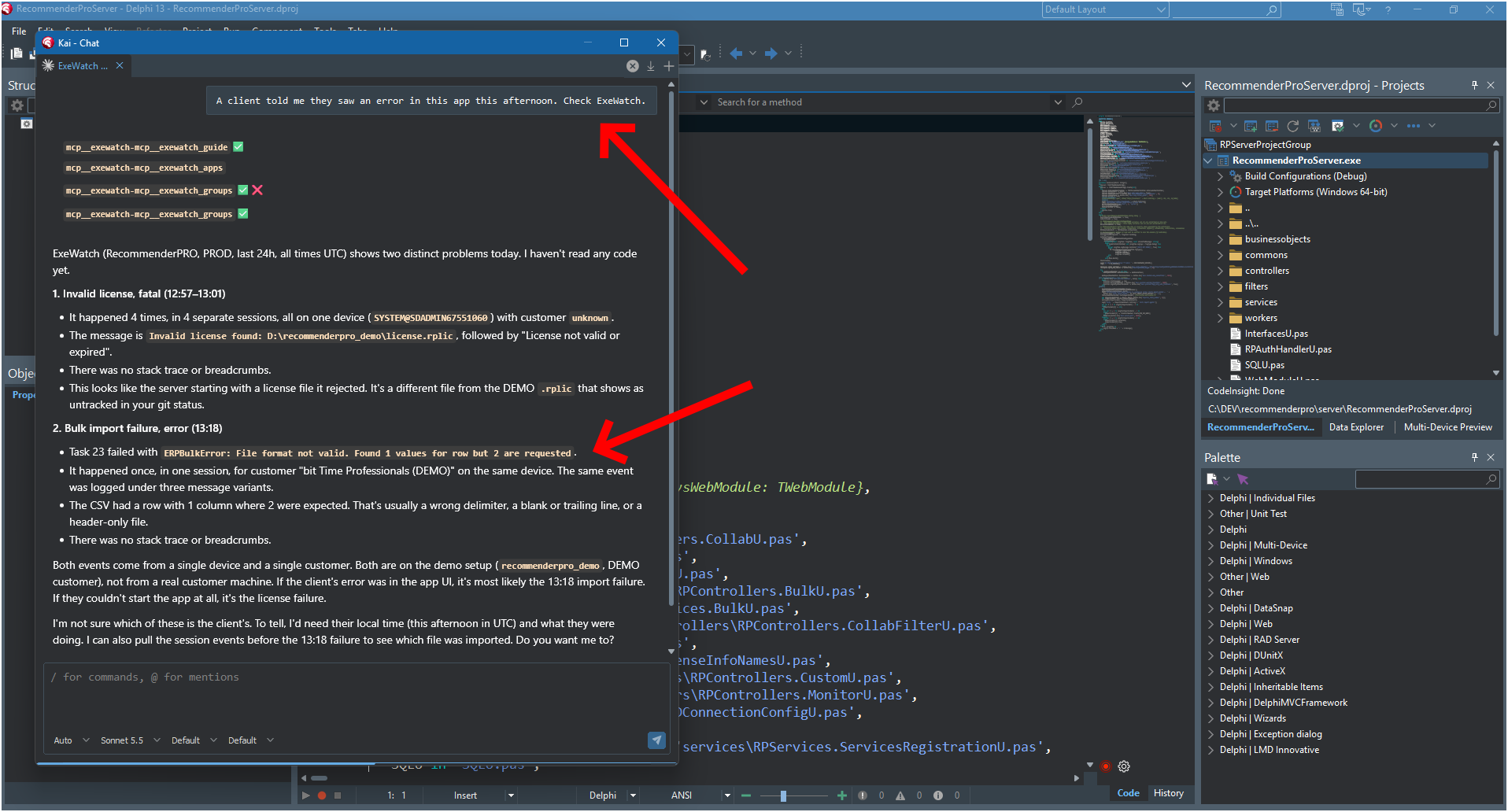 KAI in RAD Studio fragt ExeWatch mit den Tools guide, apps und groups ab und findet zwei Fehler in den letzten 24 Stunden