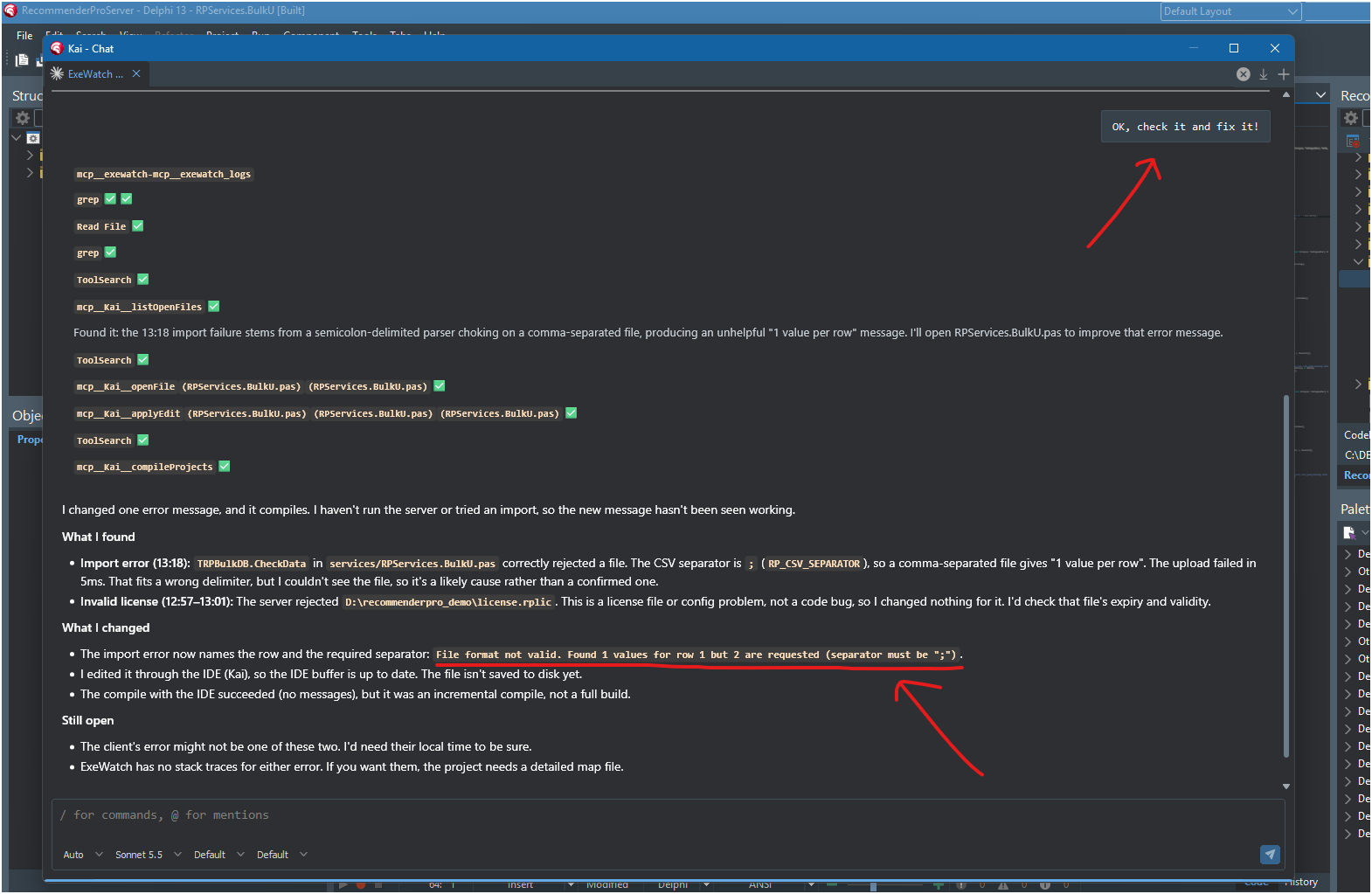 KAI liest die Logs, öffnet RPServices.BulkU.pas, ändert die Fehlermeldung und kompiliert mit der IDE