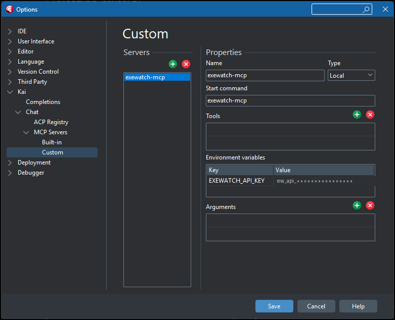 Die KAI-Optionen in RAD Studio: benutzerdefinierter MCP-Server exewatch-mcp, Typ Local, mit der Umgebungsvariable EXEWATCH_API_KEY