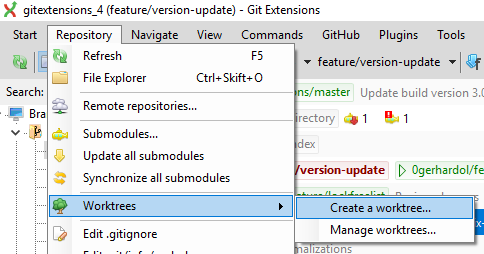 Menú de Git Extensions abierto en Repository, Worktrees, con las opciones Create a worktree y Manage worktrees.