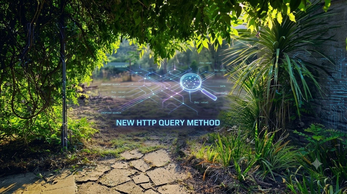 Um caminho entre a vegetação se abre para uma cena futurista: um diagrama holográfico com endpoints de busca, pares chave-valor e uma lupa, sobreposto ao título 'New HTTP QUERY Method'.