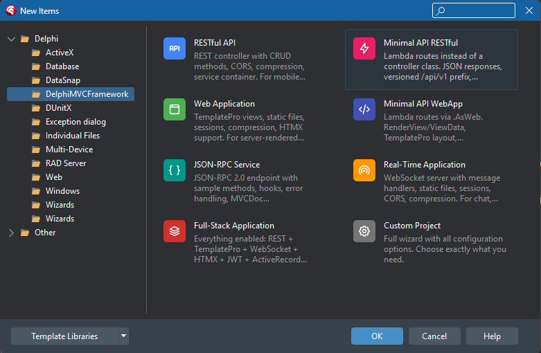 The Minimal API RESTful and Minimal API WebApp presets in the Delphi Object Repository