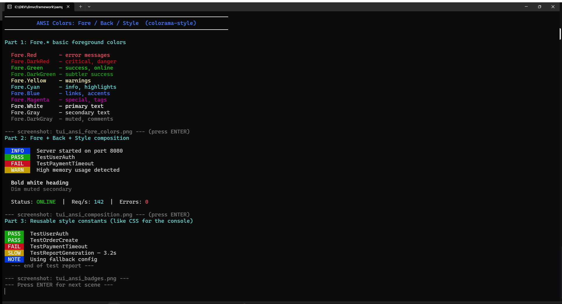 Reusable badge constants applied to test output and log lines