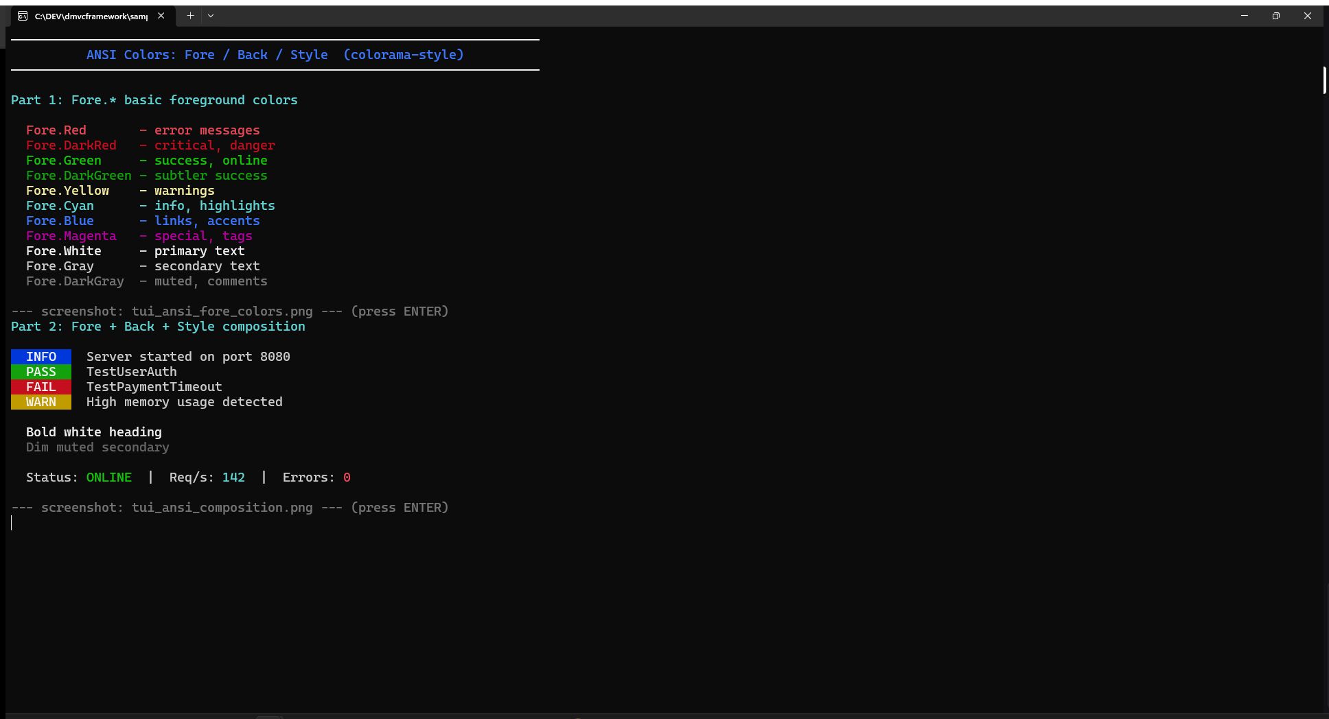 Status badges and mixed inline colors with Fore/Back/Style
