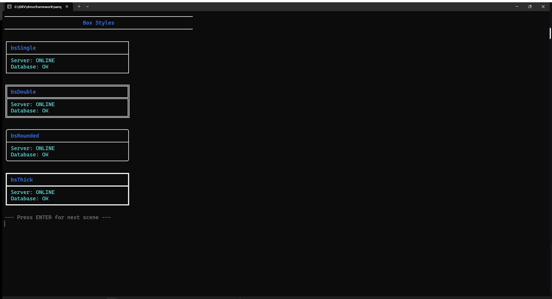The four box styles: bsSingle, bsDouble, bsRounded, bsThick