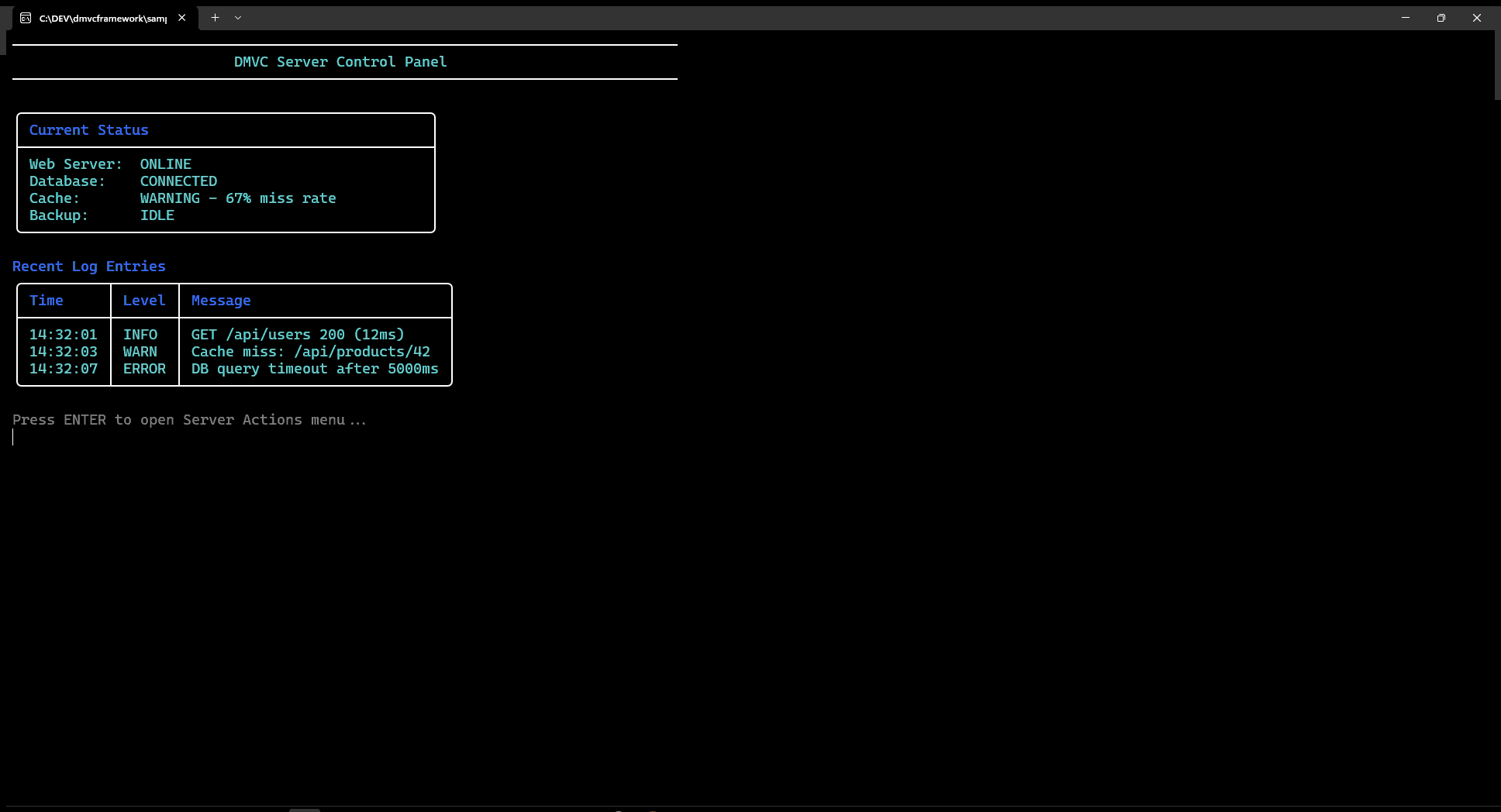 Complete DMVC Server Control Panel dashboard: header, status box, log table, menu navigation