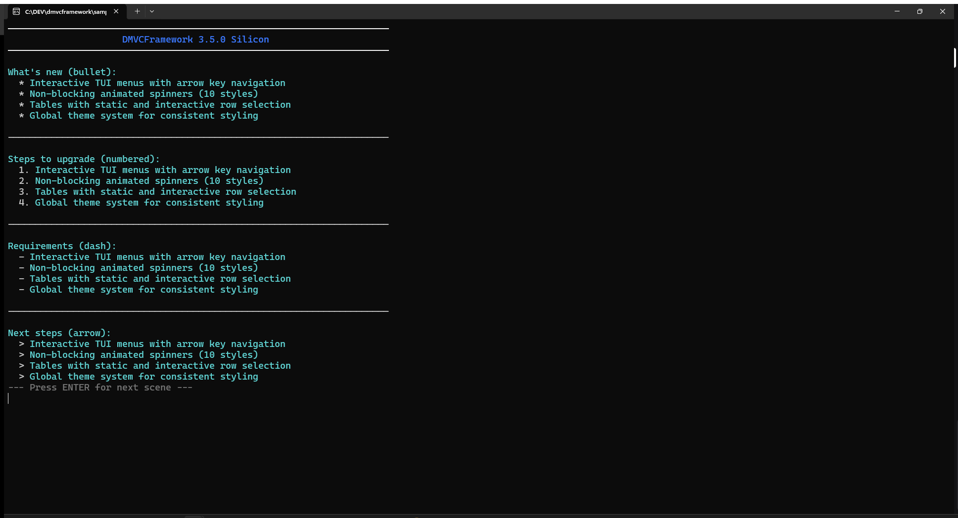 WriteHeader above a content block, closed by WriteSeparator