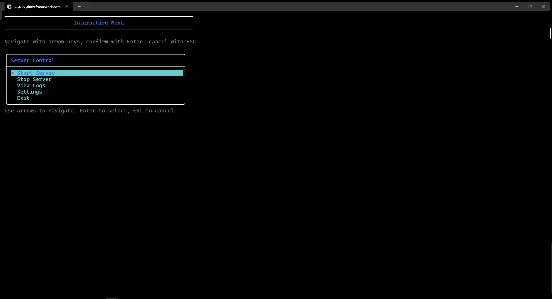 Interactive menu navigated with arrow keys, selection confirmed with Enter
