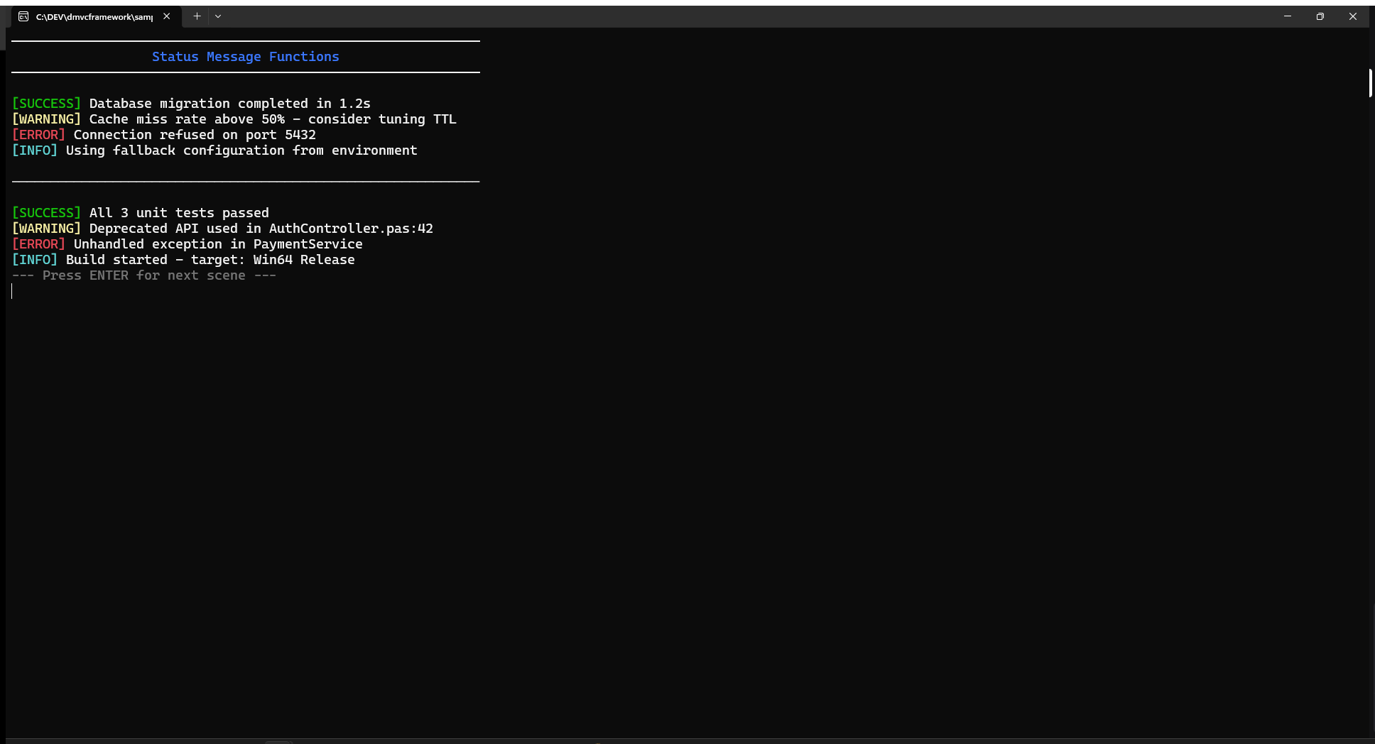 All four status functions: WriteSuccess, WriteWarning, WriteError, WriteInfo