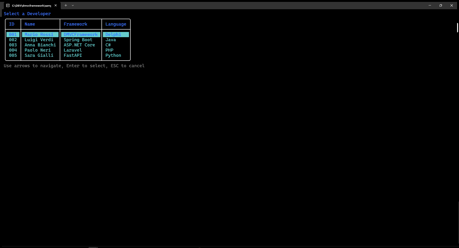 Interactive table with arrow key navigation and row highlight