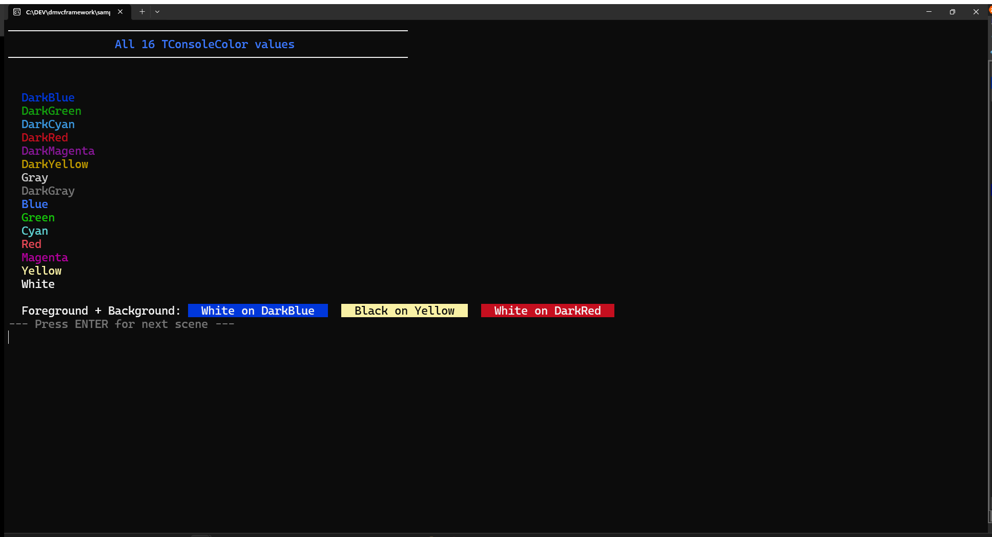 Terminal showing all 16 colors via WriteLine