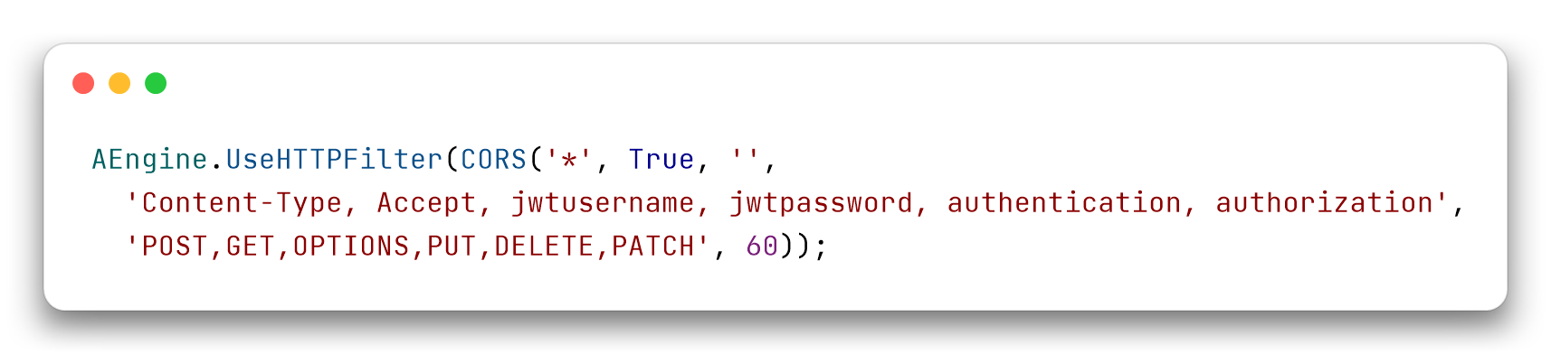 CORS filter with the parameters that reproduce the classic middleware values: credentials on, headers and methods from the old list, max-age 60