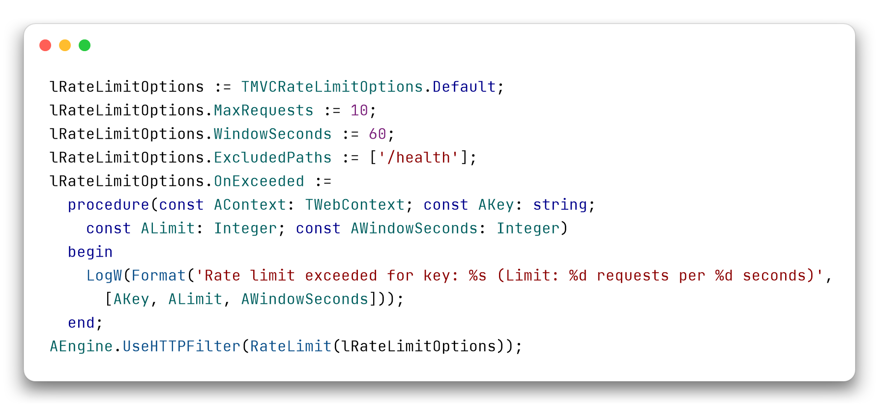 RateLimit with TMVCRateLimitOptions: 10 requests in 60 seconds, /health path excluded, OnExceeded callback that writes to the log