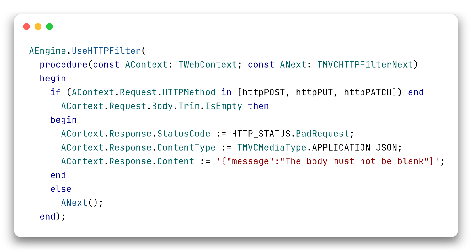 HTTP filter that responds with 400 to POST, PUT and PATCH requests with an empty or whitespace-only body and calls ANext only in the else branch