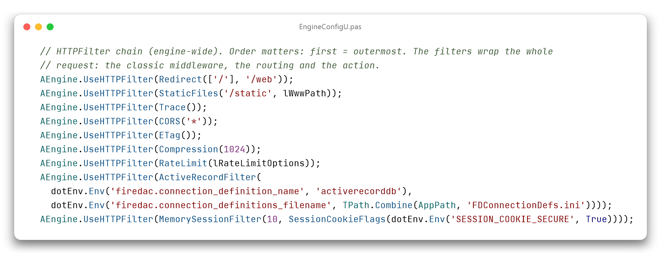 HTTP filter chain generated by the wizard in EngineConfigU: Redirect, StaticFiles, Trace, CORS, ETag, Compression, RateLimit, ActiveRecordFilter and MemorySessionFilter