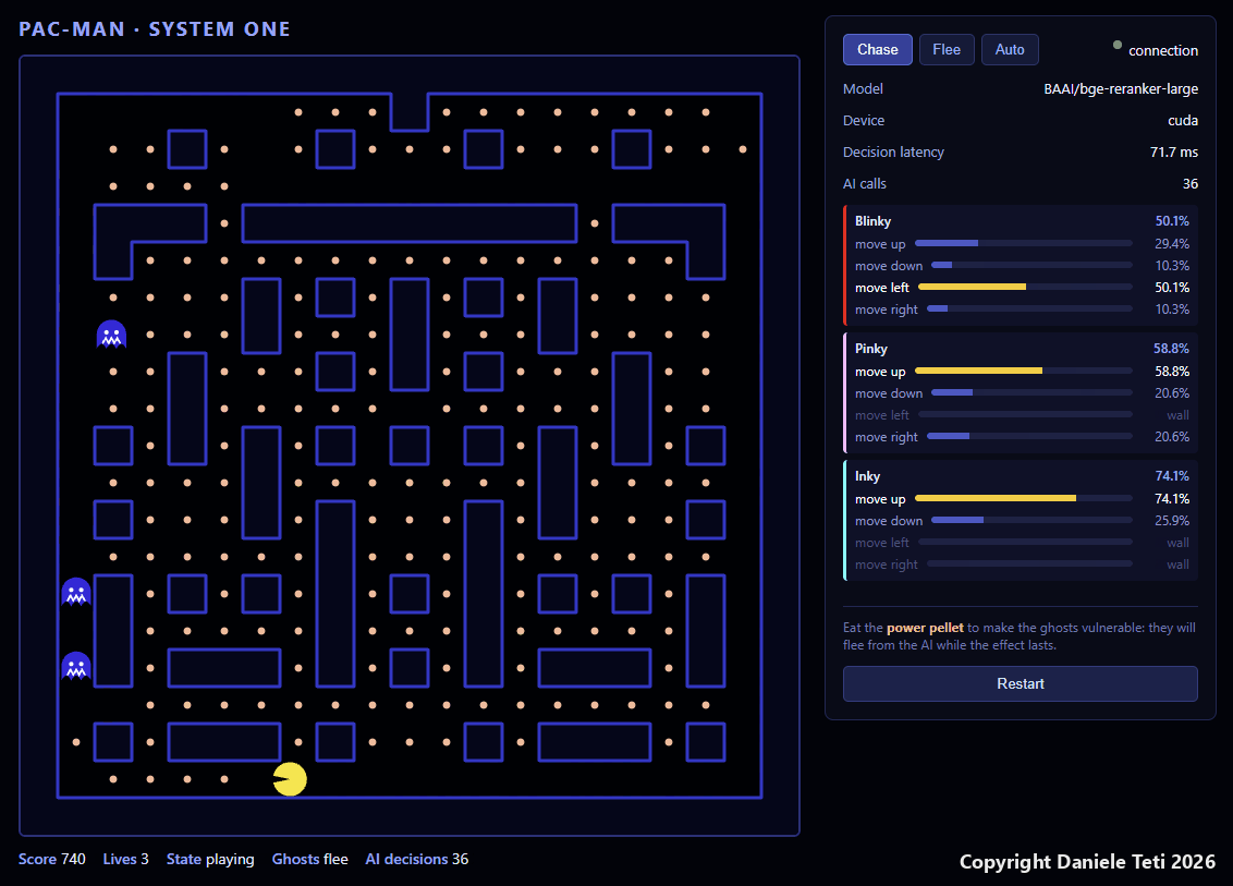 The ghosts fleeing after the power pellet: they are blue, the panel says Ghosts flee even with the Chase button selected, decision latency 71.7 ms